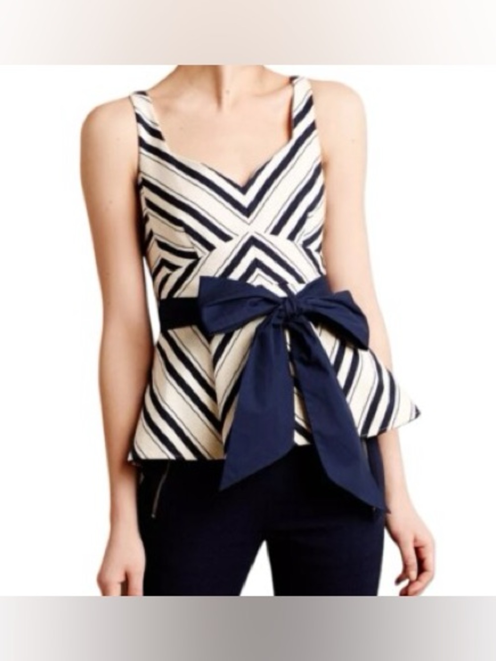Anthropologie Maeve Size 10 Mitered Striped Peplum Bow Top